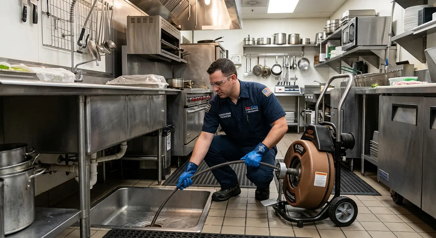 Commercial drain cleaning service in a restaurant kitchen in University Park