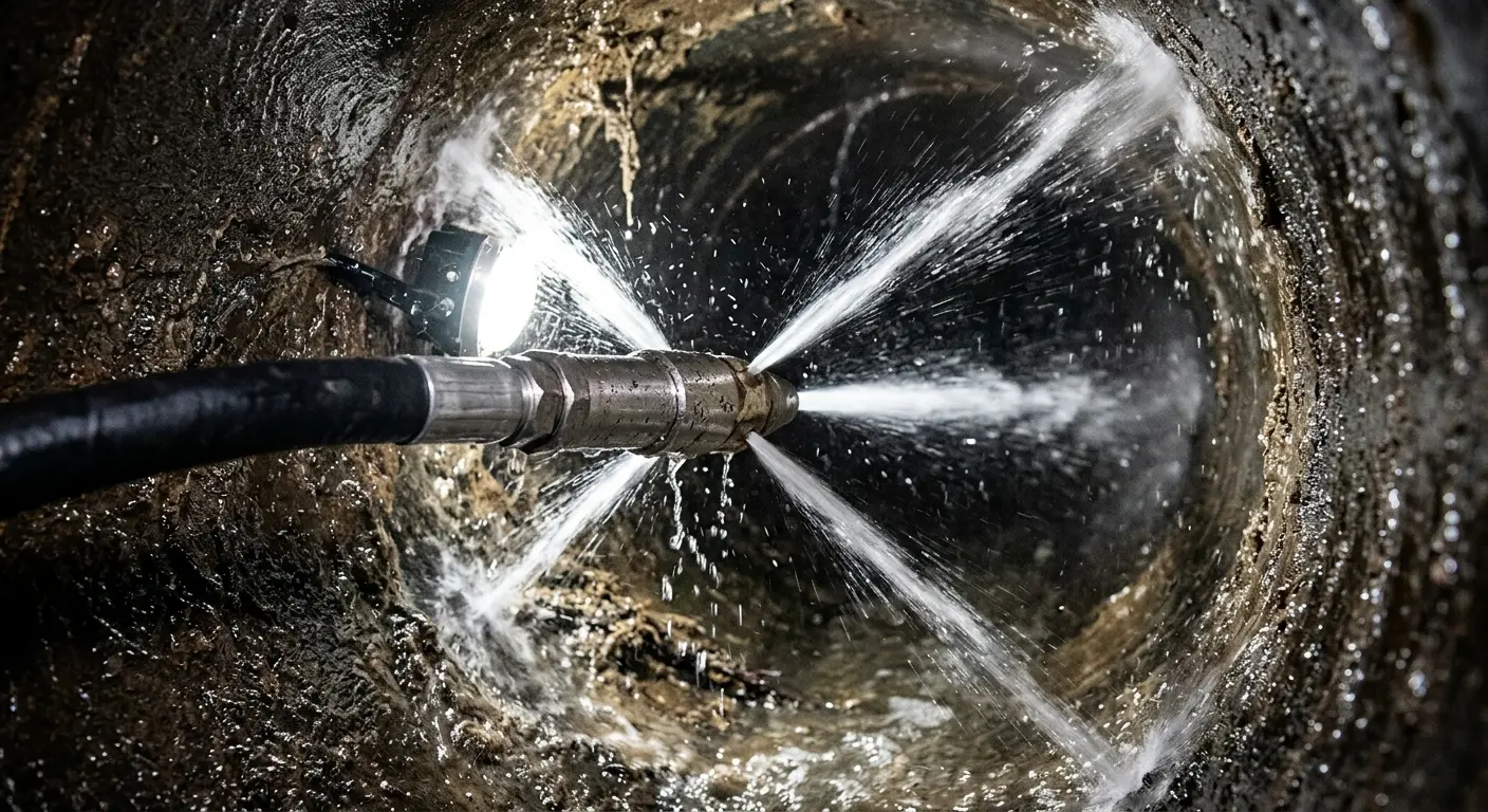 High-pressure hydro jetting nozzle cleaning sewer pipe for Trenchless Sewer Repair in University Park
