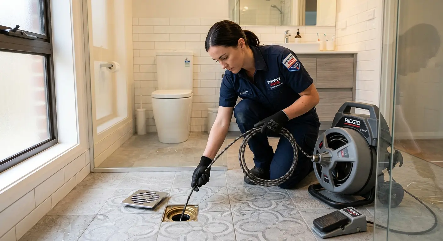 Technician clearing a bathroom floor drain for Sewer Line Installation in University Park